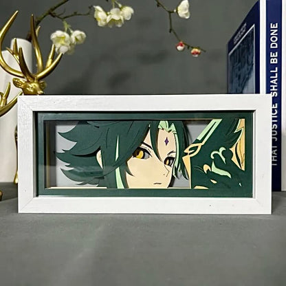 Genshin Impact Xiao Anime Light Box od Myanimelightbox, displej, v bílém rámu s ozdobným pozadím