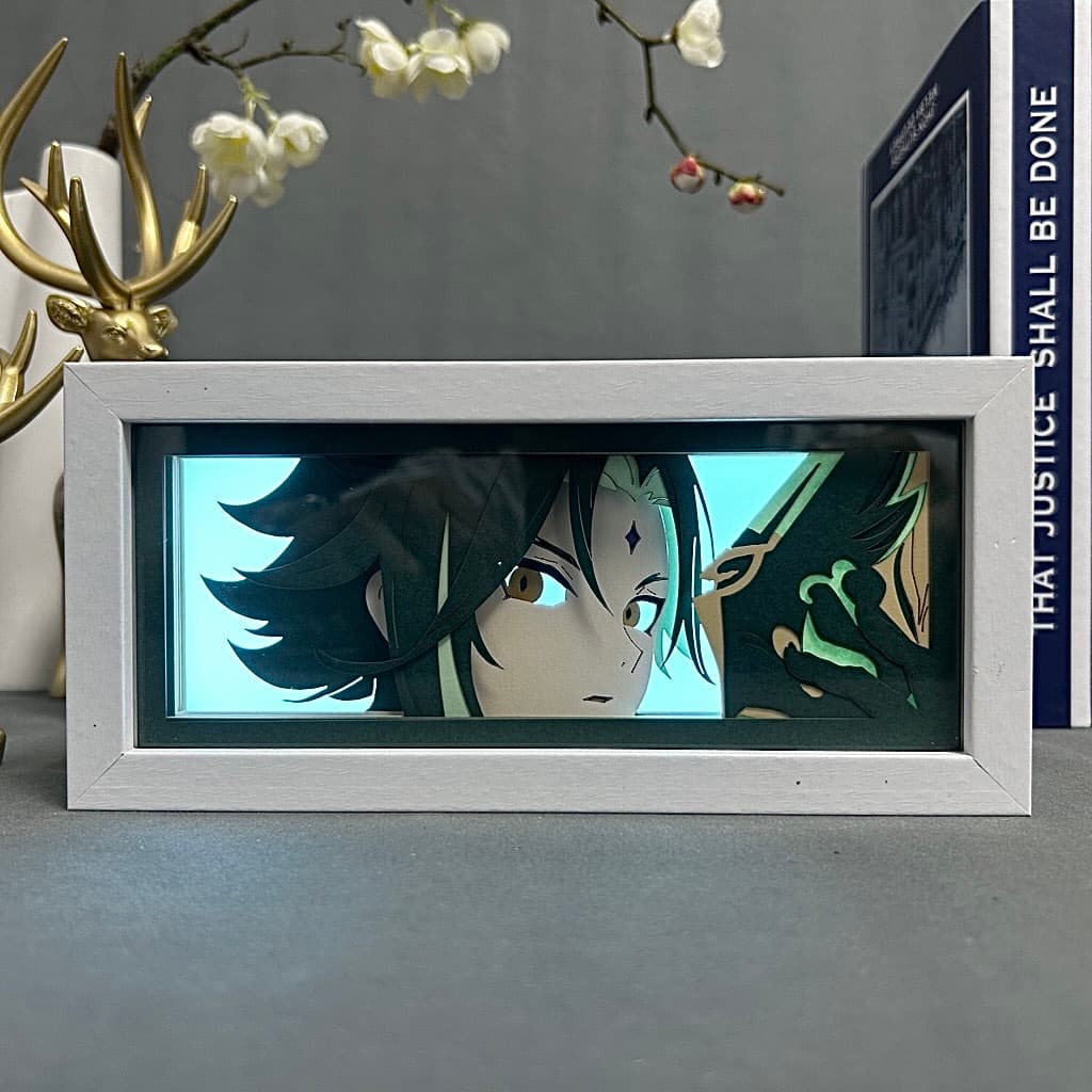 Genshin Impact Xiao Anime Light Box zářící se světlem, světla pokoje viditelná, u Myanimelightbox