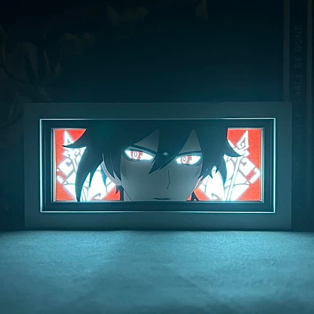 Genshin Impact Zhongli Anime Light Box van MyanimelightBox, gloeiend in donkere kamer, dramatische verlichting
