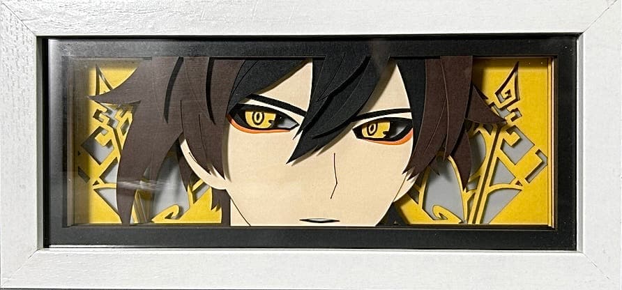 Genshin Impact Zhongli Anime Light Box van MyanimelightBox, display off, in wit frame met decoratieve achtergrond
