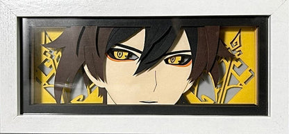 Genshin Impact Zhongli Anime Light Box van MyanimelightBox, display off, in wit frame met decoratieve achtergrond
