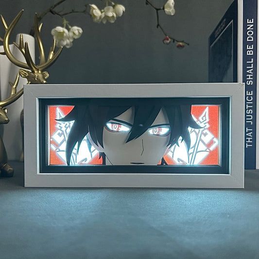 Genshin Impact Zhongli Anime Light Box bercahaya dengan cahaya, lampu bilik kelihatan, oleh myanimelightbox