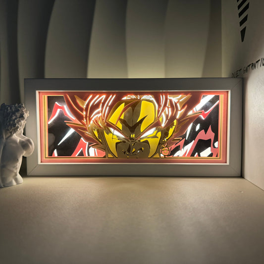 Goku God Mode Anime Light Box menyala di bilik gelap, kesan bercahaya oleh myanimelightbox