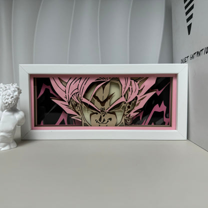 Goku God Mode Anime Light Box od MyanimelightBox, displej, v bílém rámu s ozdobným pozadím