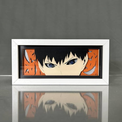 Haikyuu Kageyama Tobio Anime Light Box od Myanimelightbox, displej, v bílém rámu s ozdobným pozadím