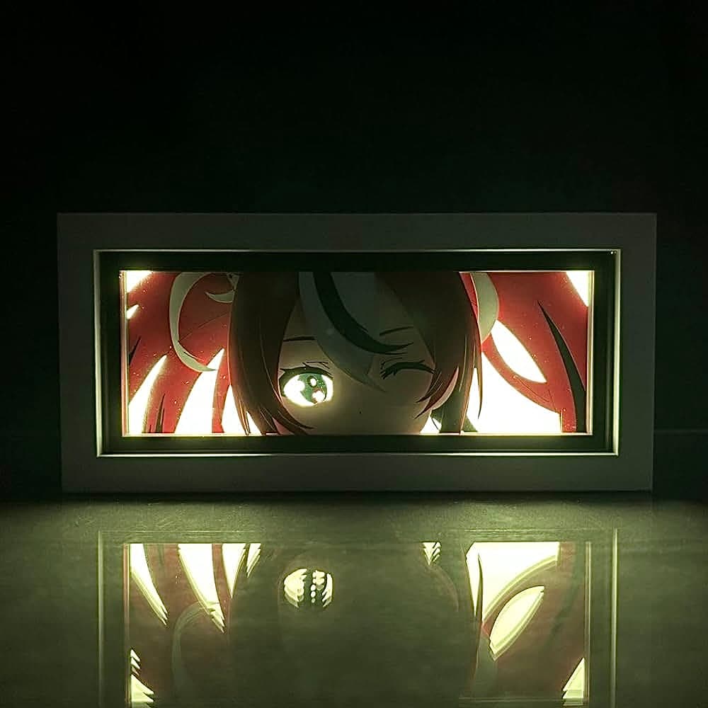 Hakos Baelz Anime Light Box par Myanimelightbox, brillant dans une pièce sombre, un éclairage dramatique
