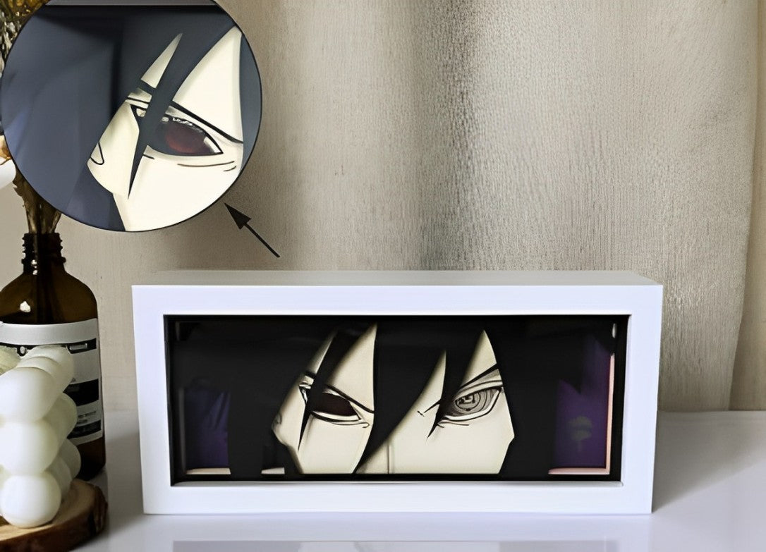 Sasuke Uchiha Rinnegan Light Box Special Edition featuring detailed artwork illuminated by vibrant LED lighting, perfect for Naruto room decor and fans of Sasuke Uchiha | Myanimelightbox 

