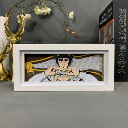 Jojo&#39;s bizarre avontuur Bucciarati anime light box van MyanimelightBox, display off, in wit frame met decoratieve achtergrond
