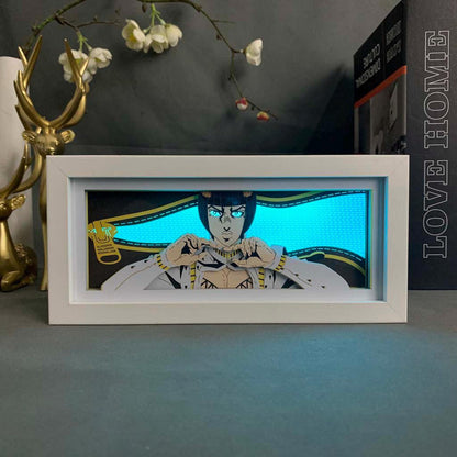 Jojo&#39;s bizarre avontuur Bucciarati anime lichtbox gloeiend met licht aan, kamerlichten zichtbaar, door MyanimelightBox