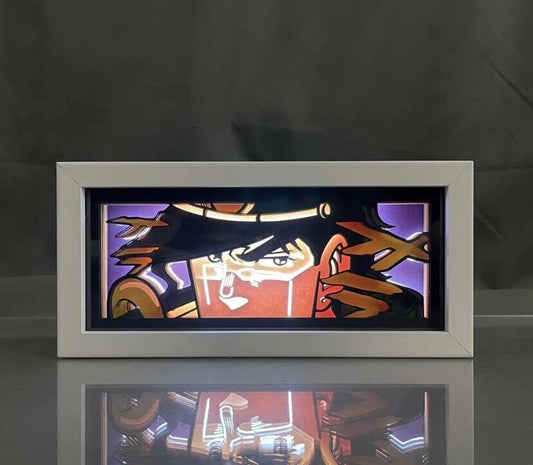 Kotak cahaya anime petualangan pelik Jojo oleh Myanimelightbox, bercahaya di bilik gelap, pencahayaan dramatik
