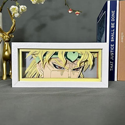 JoJo Bizarre Adventure Dio Brando Anime Light Box oleh MyAnimelightBox, dipaparkan, dalam bingkai putih dengan latar belakang hiasan