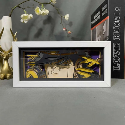 Kotak Cahaya Anime Anime Jojo oleh Myanimelightbox, dipaparkan, dalam bingkai putih dengan latar belakang hiasan