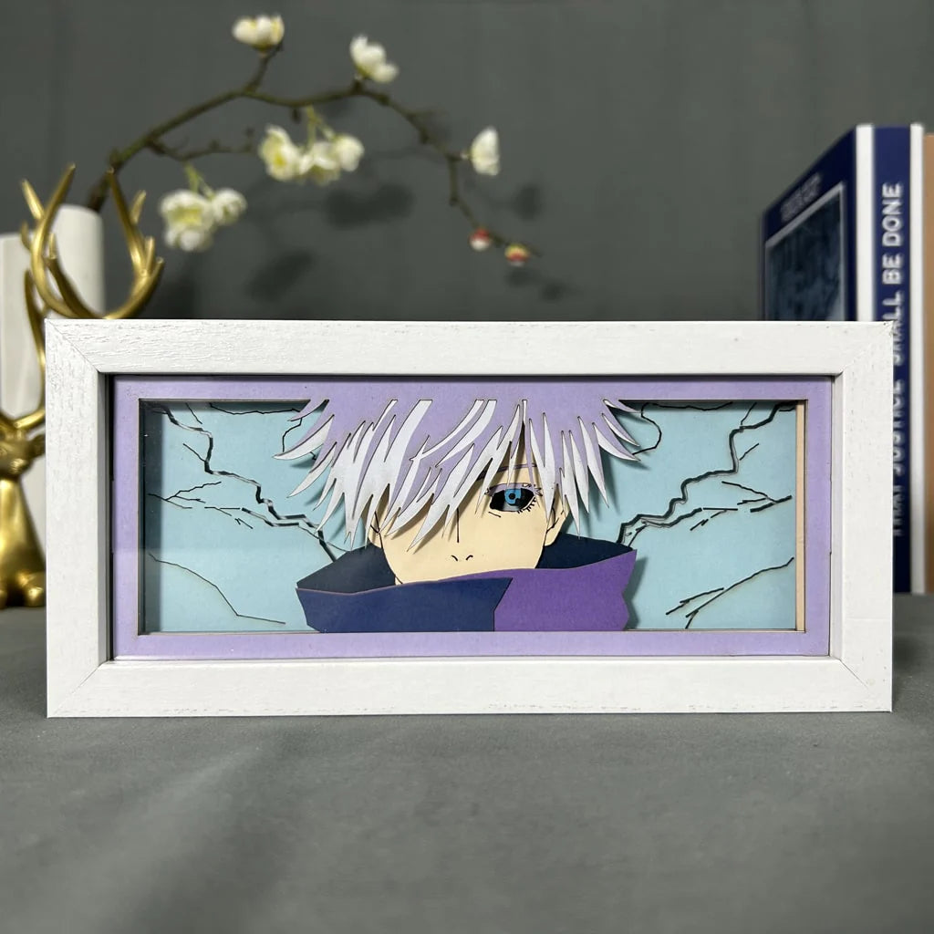 Jujutsu kaisen gojo anime light box van myanimelightbox, display off, in wit frame met decoratieve achtergrond