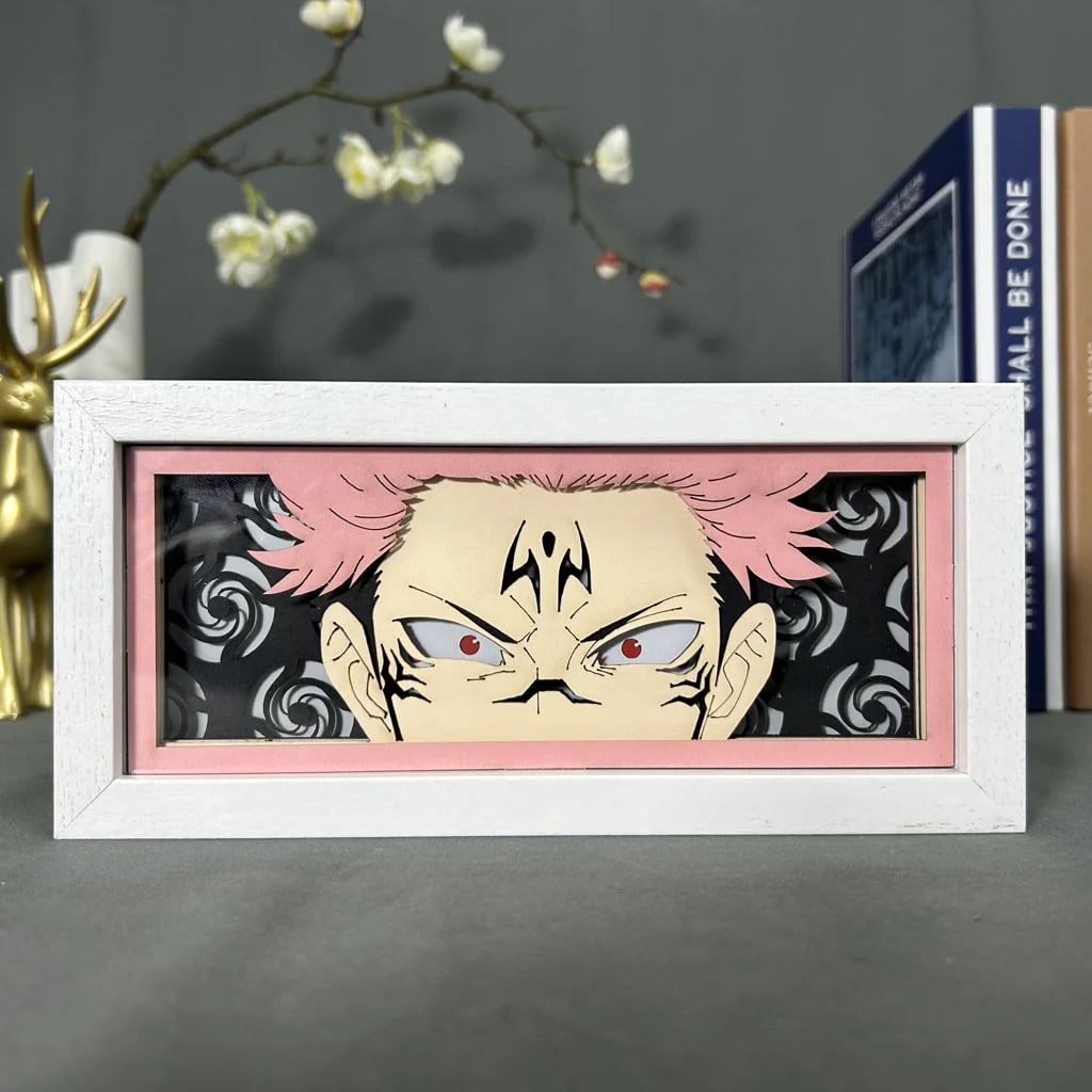 Jujutsu Kaisen Sukuna Anime Light Box van MyanimelightBox, Display Off, in White Frame met decoratieve achtergrond