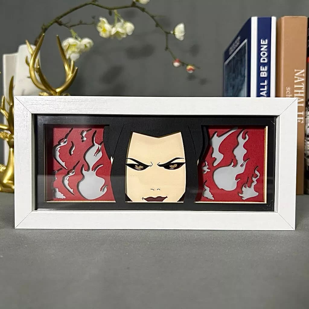 Kotak Cahaya Anime Azula Azula Terakhir oleh Myanimelightbox, dipaparkan, dalam bingkai putih dengan latar belakang hiasan
