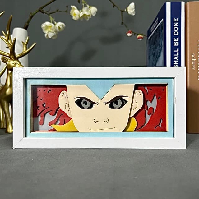 Last Airbender Aang Anime Light Box od Myanimelightbox, displej, v bílém rámu s ozdobným pozadím