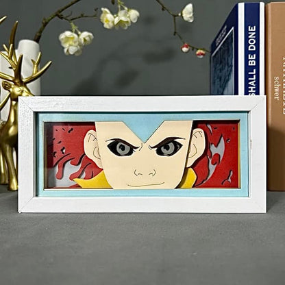 Last Airbender Aang Anime Light Box od Myanimelightbox, displej, v bílém rámu s ozdobným pozadím