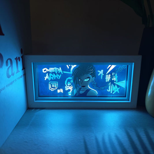 League of Legends Arcane Jinx Anime Light Box oleh Myanimelightbox, bercahaya di bilik gelap, pencahayaan dramatik