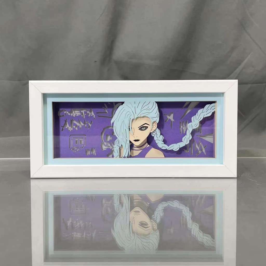 League of Legends Arcane Jinx Anime Light Box by Myanimelightbox, dipaparkan, dalam bingkai putih dengan latar belakang hiasan
