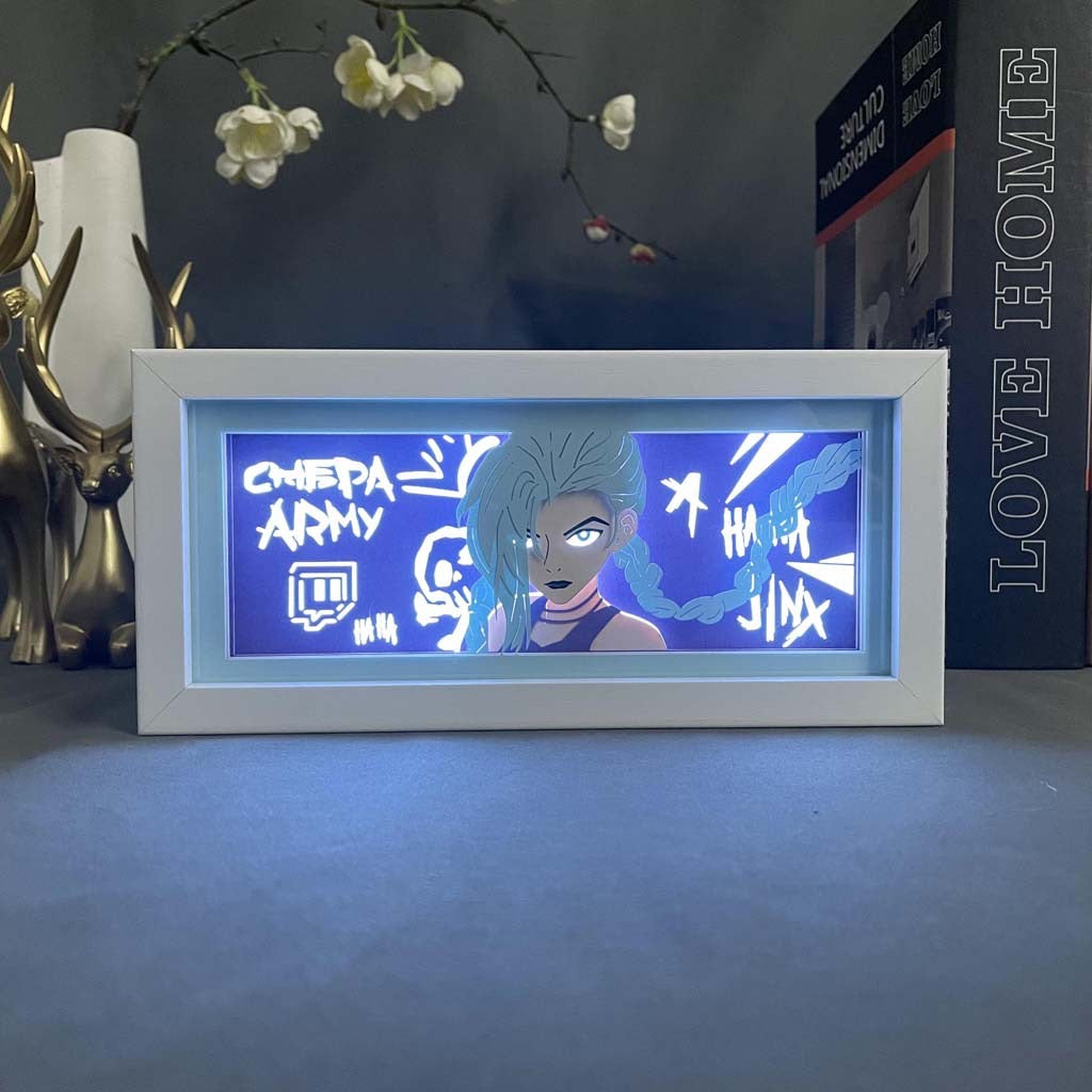 Ligue de légendes Arcane Jinx Anime Light Box brillant de lumière allumée, lumières de la pièce visibles, par Myanimelightbox