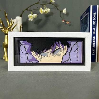 Mob Psycho 100 Shigeo Kageyama Anime Light Box od Myanimelightbox, displej, v bílém rámu s ozdobným pozadím
