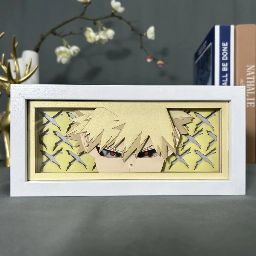 Kotak Cahaya Anime Academia Bakugo My Hero oleh Myanimelightbox, dipaparkan, dalam bingkai putih dengan latar belakang hiasan
