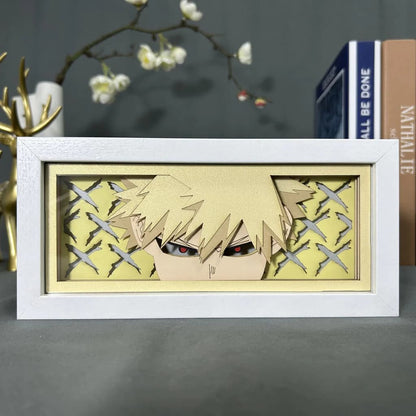 Kotak Cahaya Anime Academia Bakugo My Hero oleh Myanimelightbox, dipaparkan, dalam bingkai putih dengan latar belakang hiasan
