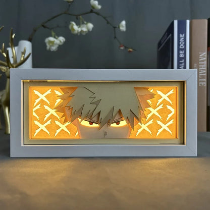Kotak cahaya anime akademik wira saya bersinar dengan cahaya, lampu bilik kelihatan, oleh myanimelightbox