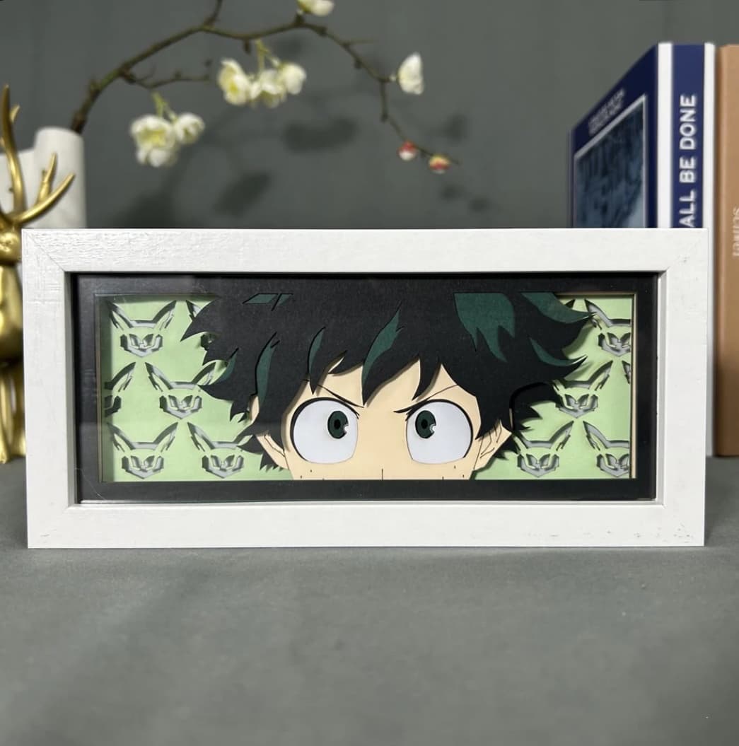 Kotak Cahaya Anime Academia Deku My Hero oleh Myanimelightbox, dipaparkan, dalam bingkai putih dengan latar belakang hiasan