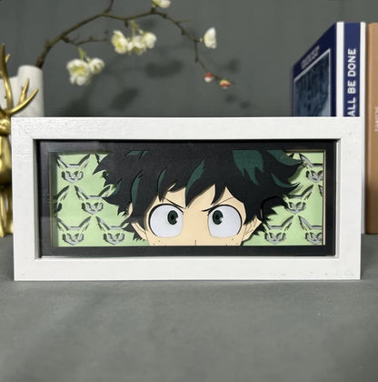 Kotak Cahaya Anime Academia Deku My Hero oleh Myanimelightbox, dipaparkan, dalam bingkai putih dengan latar belakang hiasan