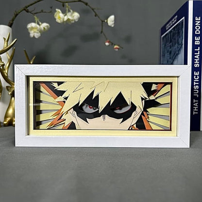 Academia wira saya Katsuki Bakugo Anime Light Box by Myanimelightbox, dipaparkan, dalam bingkai putih dengan latar belakang hiasan
