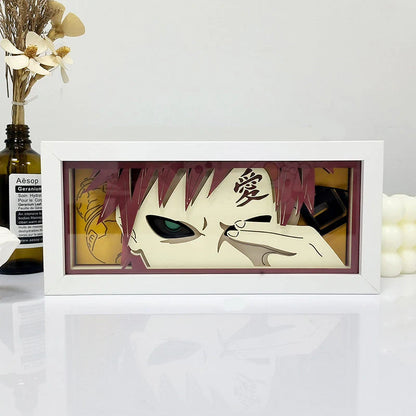 Naruto Gaara Sand Eyes Anime Light Box by Myanimelightbox, dipaparkan, dalam bingkai putih dengan latar belakang hiasan