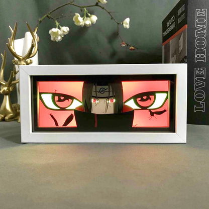 Naruto Itachi Uchiha Sharingan Anime Light Box zářící se světlem zapnutými, viditelnými světly pokoje, myanimelightbox