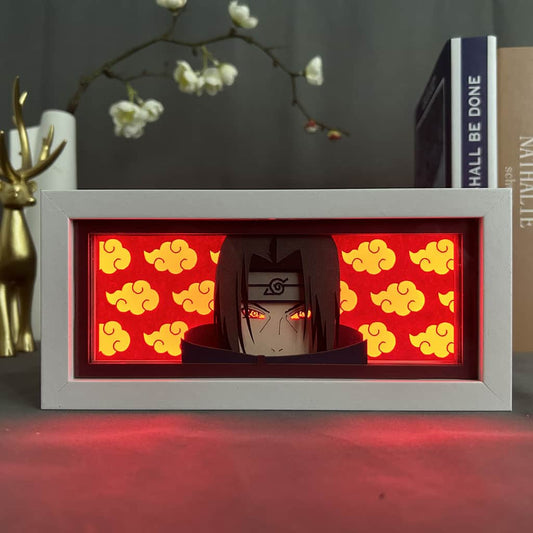 Naruto Itachi anime light box glowing with light on, room lights visible, by MyAnimeLightbox
