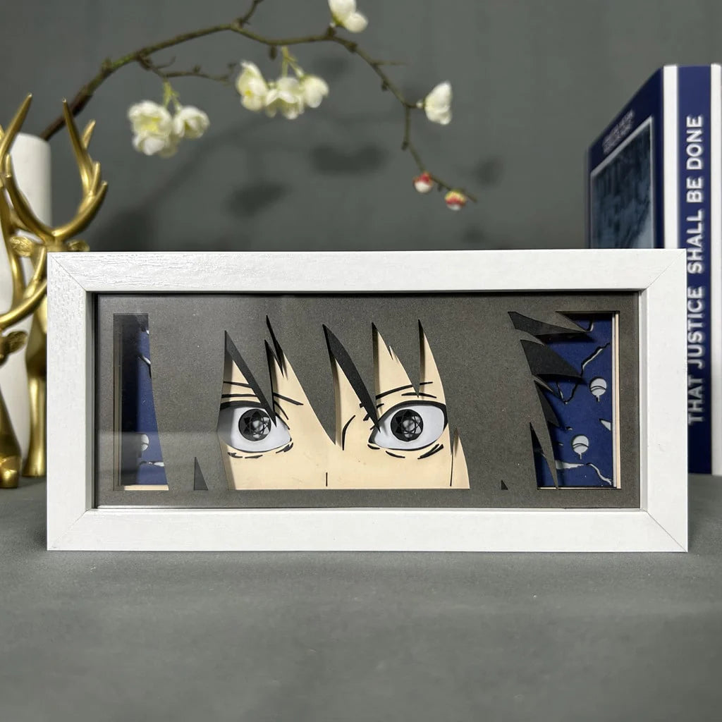 Naruto Sasuke Sharinngan Anime Light Box oleh Myanimelightbox, dipaparkan, dalam bingkai putih dengan latar belakang hiasan
