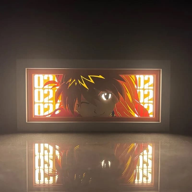 Neon Genesis Evangelion Asuka Anime Light Box oleh MyAnimelightbox, bercahaya di bilik gelap, pencahayaan dramatik
