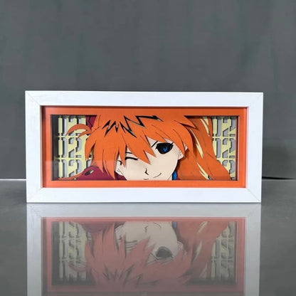 Neon Genesis Evangelion Asuka Anime Light Box oleh Myanimelightbox, dipaparkan, dalam bingkai putih dengan latar belakang hiasan
