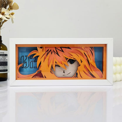 Neon Genesis Evangelion Anime Light Box oleh Myanimelightbox, dipaparkan, dalam bingkai putih dengan latar belakang hiasan
