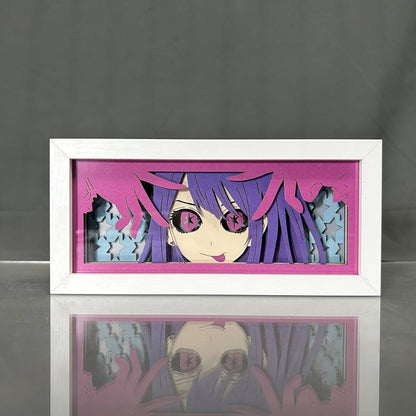Oshi No Ko Anime Light Box by Myanimelightbox, dipaparkan, dalam bingkai putih dengan latar belakang hiasan