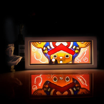 Kotak Light Anime Chopper One Piece oleh Myanimelightbox, bersinar di bilik gelap, pencahayaan dramatik
