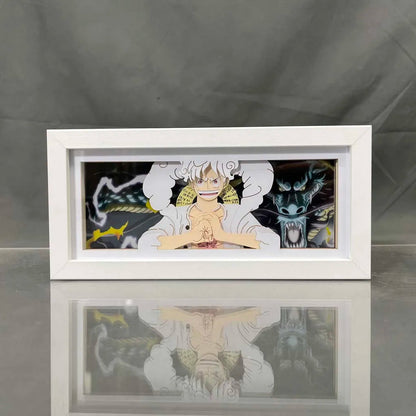 One Piece Gear 5 Dragon Anime Light Box by Myanimelightbox, dipaparkan, dalam bingkai putih dengan latar belakang hiasan
