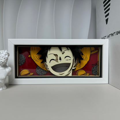 Een stuk Luffy Smile Anime Light Box van MyanimelightBox, Display Off, in White Frame met decoratieve achtergrond

