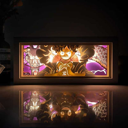 Caja de luz de anime luffy de una pieza iluminada en la habitación oscura, efecto brillante de myanimelightbox