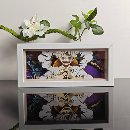 Een stuk Luffy Anime Light Box van MyanimelightBox, weergave, in wit frame met decoratieve achtergrond