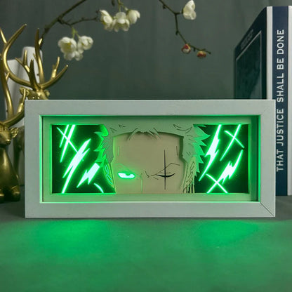 One Piece Roronoa Zoro Anime Light Box par Myanimelightbox, brillant dans une pièce sombre, un éclairage dramatique
