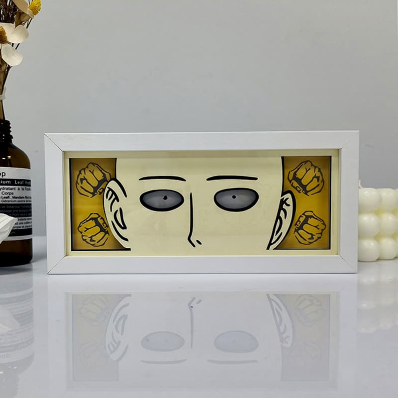 One Punch Man Saitama Poker Face Anime Light Box par Myanimelightbox, Afficher, dans un cadre blanc avec fond décoratif
