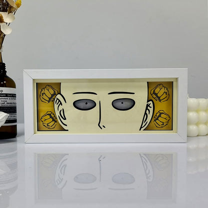 One Punch Man Saitama Poker Face Anime Light Box oleh Myanimelightbox, dipaparkan, dalam bingkai putih dengan latar belakang hiasan
