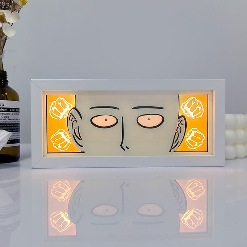 One Punch Man Saitama Poker Face Anime Light Box brillant de lumière allumée, lumières de la pièce visibles, par Myanimelightbox