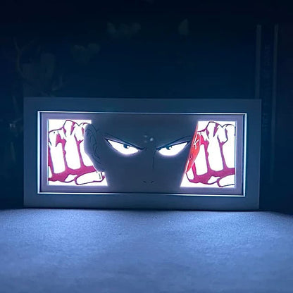 One Punch Man Saitama Anime Light Box oleh Myanimelightbox, bercahaya di bilik gelap, pencahayaan dramatik
