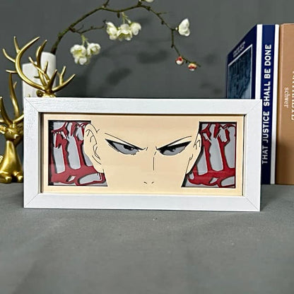 One Punch Man Saitama Anime Light Box oleh Myanimelightbox, dipaparkan, dalam bingkai putih dengan latar belakang hiasan
